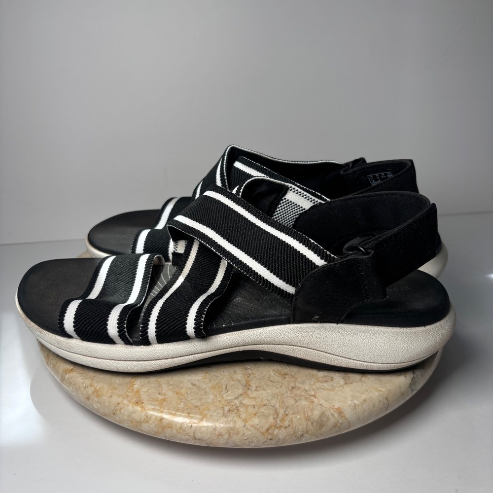 Clarks Cloudsteppers Mira Tide Sandals 10 Black White Striped Sporty Strappy